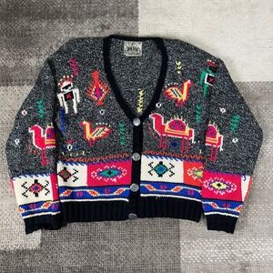 Vintage Curio Wool Geometric Camel Bird Aztec Pattern Cardigan Sweater Women's M